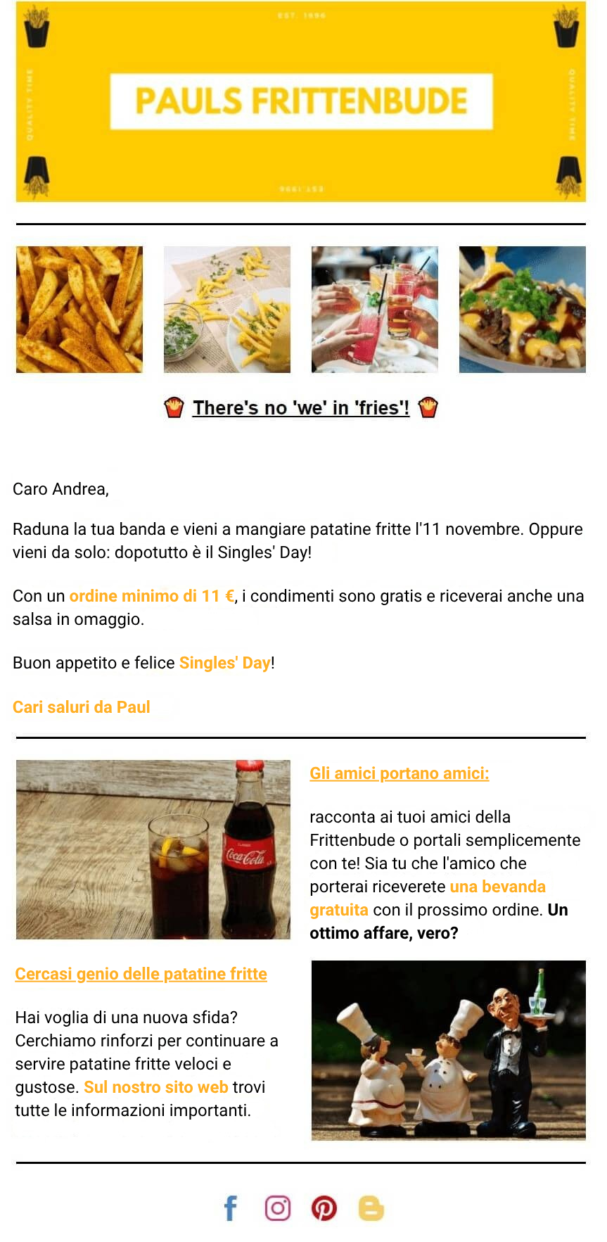 Esempio di newsletter fatta con rapidmail da un ristorante per la festa dei single